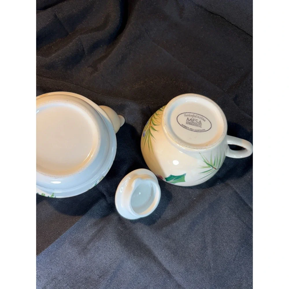 Vintage Pinecone Holly Teapot and Cup Set Hand Painted Ceramic Christmas Holiday